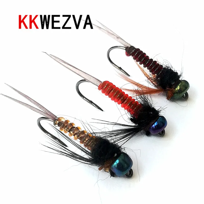 KKWEZVA 18 шт. цветная головка быстрая погружающаяся Nymph Scud муха Жук червь для ловли