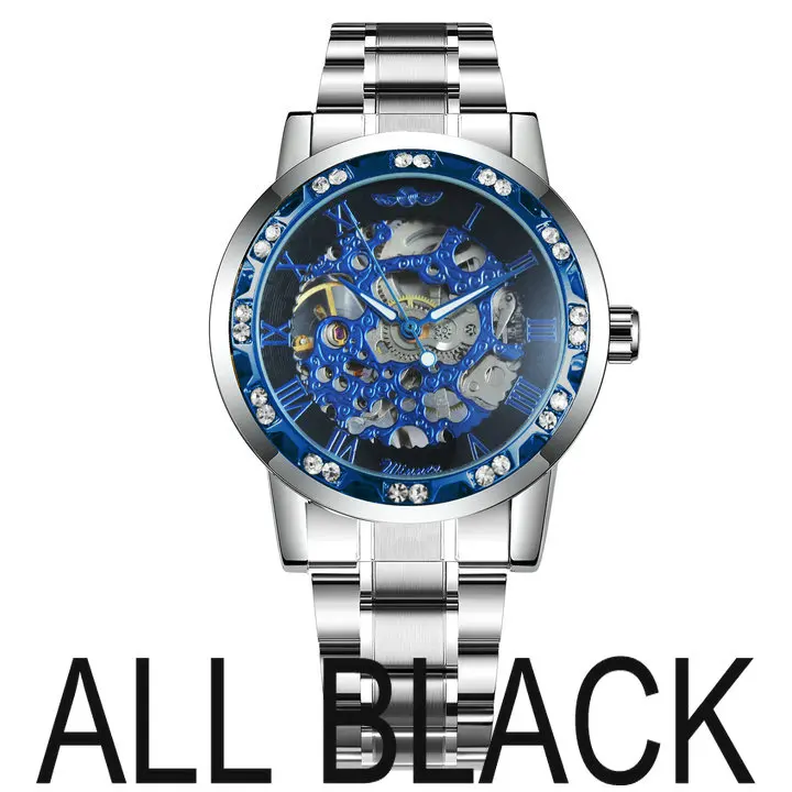 ALL BLACK WINNER модные деловые механические мужские часы от ведущего бренда, роскошные часы со скелетонным циферблатом и кристаллами, наручные часы, Лидер продаж - Цвет: ALL BLACK