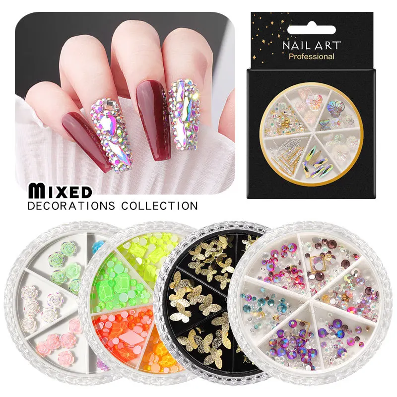

Стразы для ногтей, 1 коробка, золотистые, серебристые, Разноцветные кристаллы, запонки-бисер, 3D украшения для ногтей, аксессуары в колесе