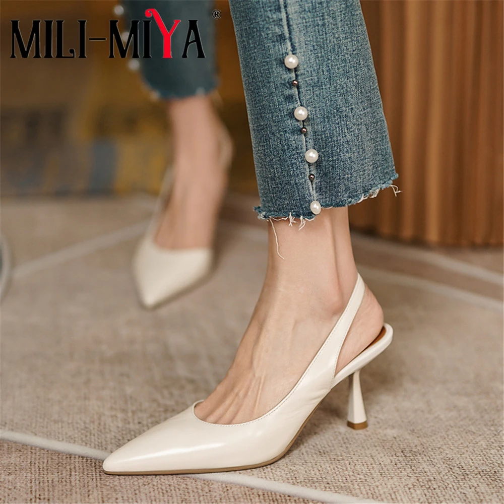

MILI-MIYA Classic Style Natural Genuine Leather Slingback Pumps Pointed Toe Shallow Stiletto Heels Party Wedding Dress Shoes