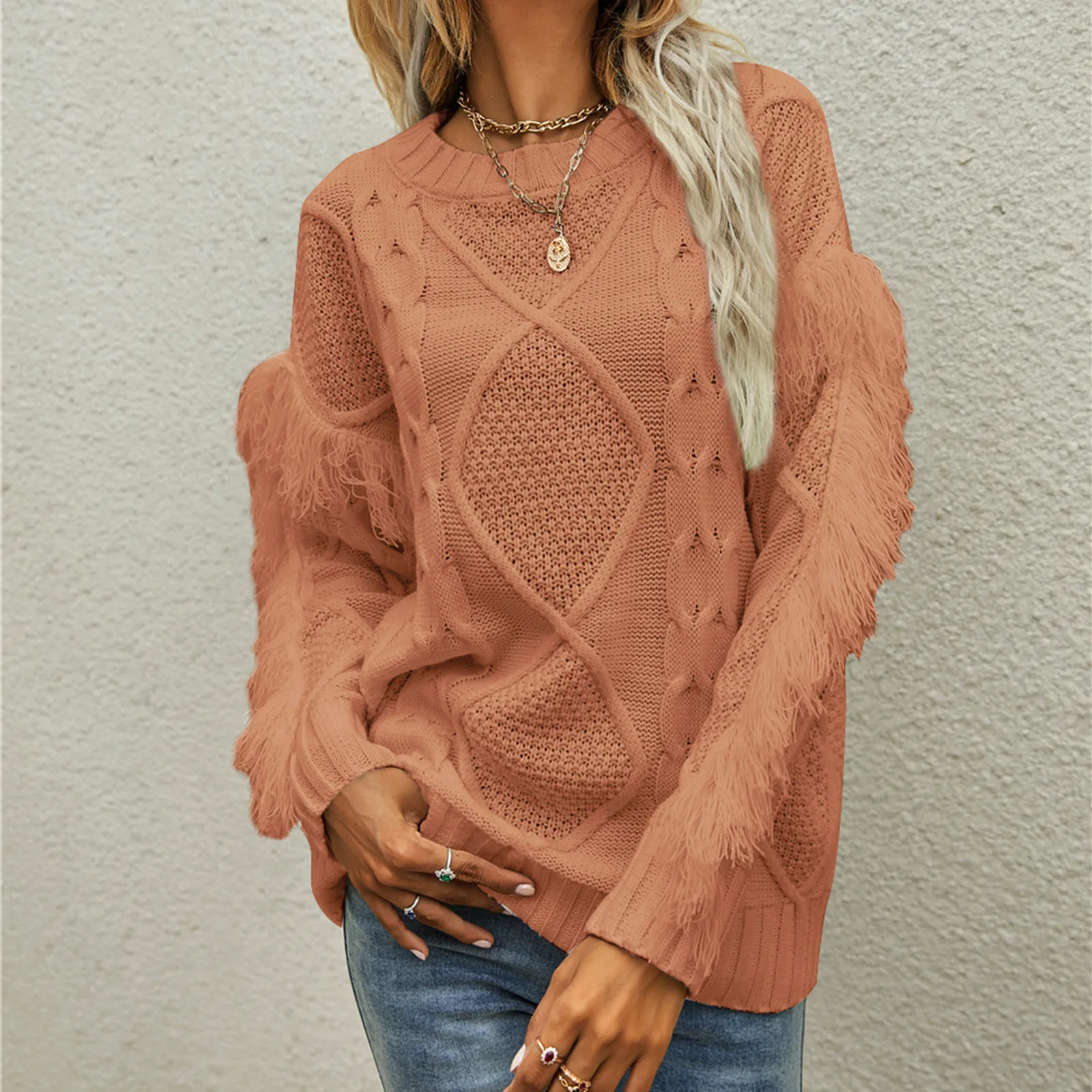 

Knitted Tassel Solid Sweaters Women Casual Round Neck Long Sleeve Cable Tops Pullover Autumn Winter Warm Pullovers Sweater