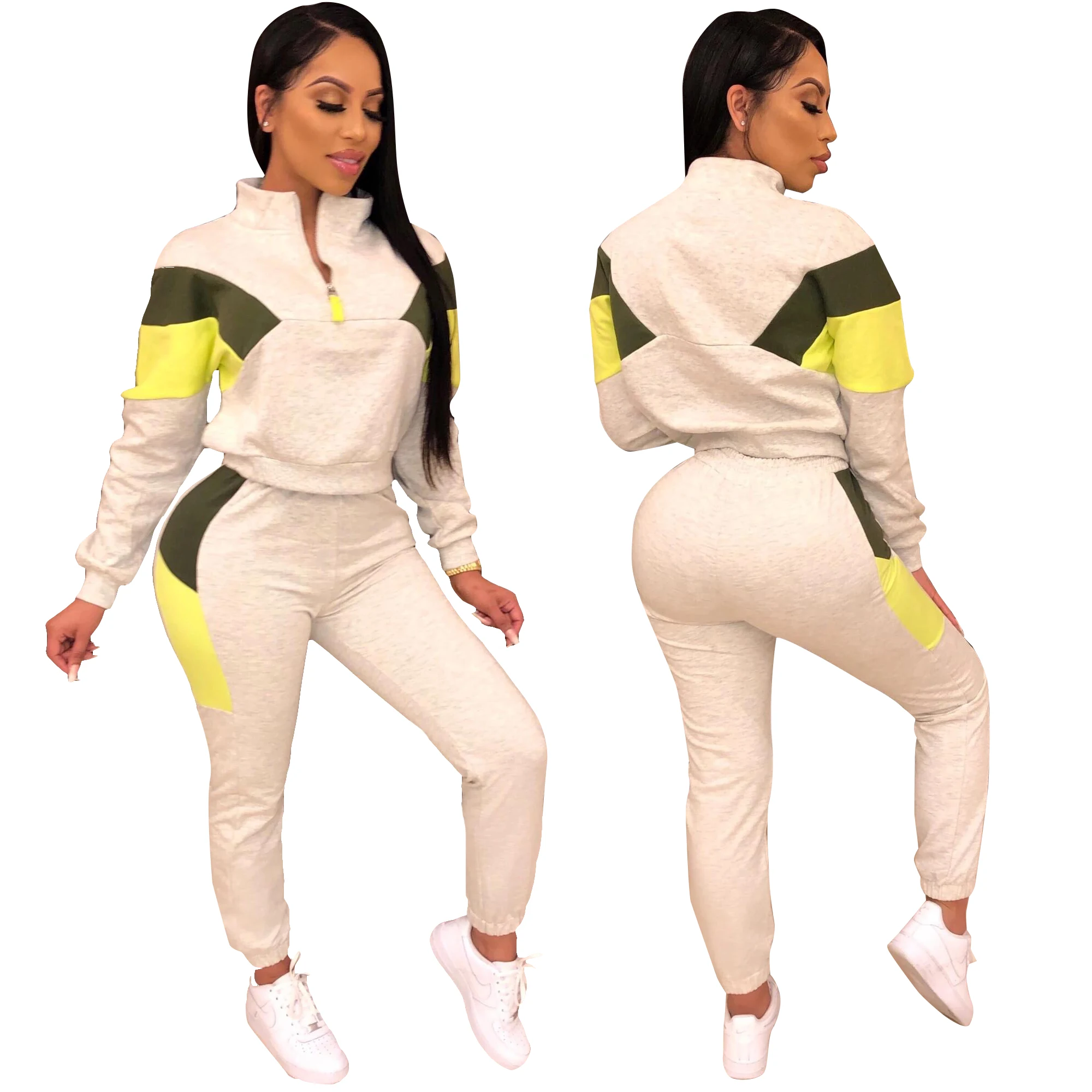 Зимний женский спортивный костюм GL цветной лоскутный свитшот с длинным рукавом и