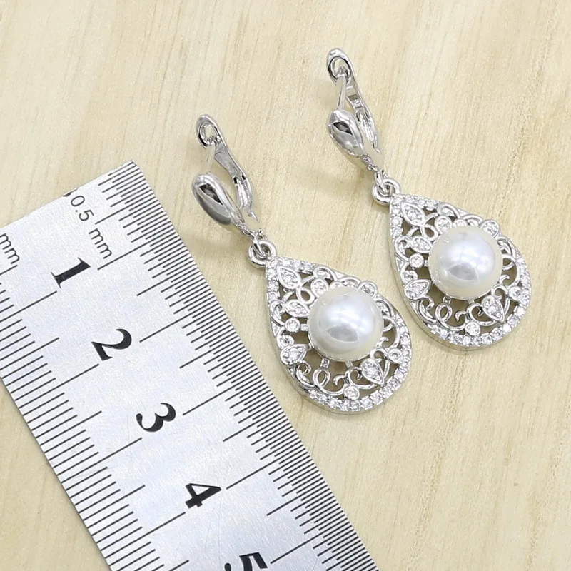 White Pearl Silver Color Jewelry Set for Women Zircon Bracelet Earring Necklace Pendant Ring Wedding Birthday Gift | Украшения и