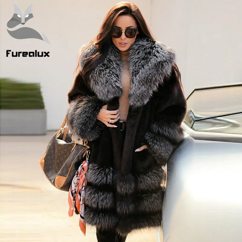 2019 зимнее длинное пальто из натурального меха с воротником лисьего шуба