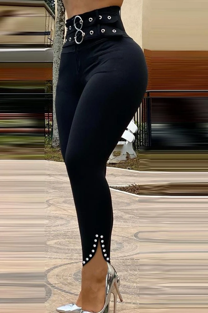 

JCHB 2021 Beaded Eyelet O-Ring Slit Skinny Pants Trousers Slit Cannon Bead Pants Black New