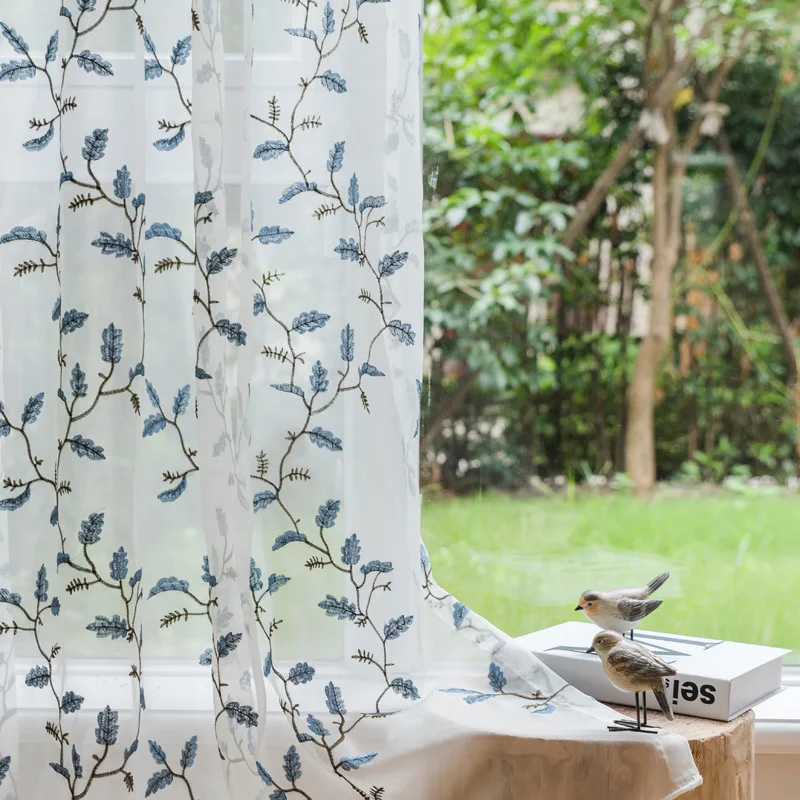 Американская пасторальная вуаль занавески с свежими вышитыми листьями