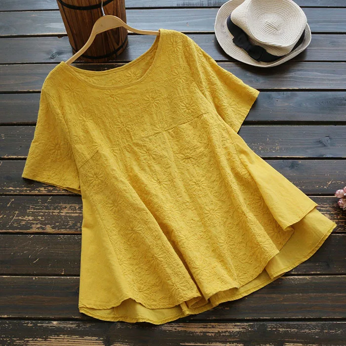

new summer women Japan style cotton embroidery short sleeve blouse mori girl solid color O-Neck pullover shirts Large size 2020