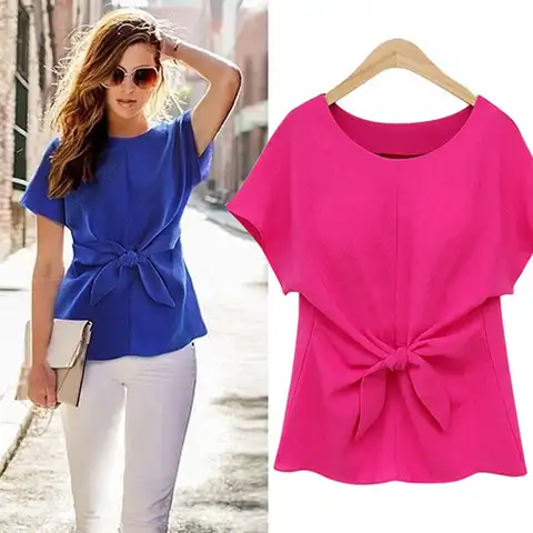 Women Fashion Blouse Summer Short Sleeve Bow Knot Chiffon Blouse Shirt Ladies Top Tee Shirt
