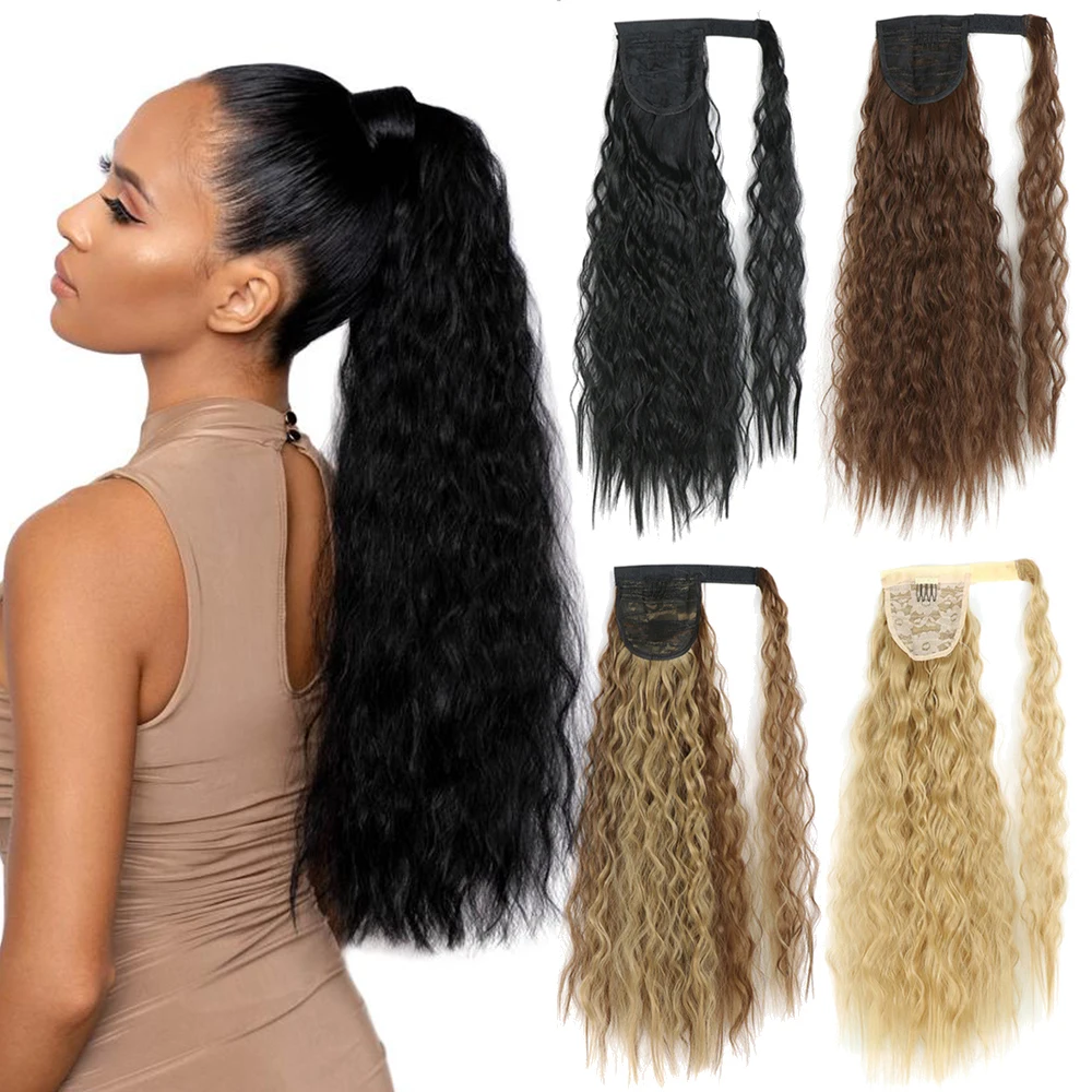 

XINRAN Synthetic Corn Wavy Long Ponytail Hairpiece Wrap on Clip Hair Extensions Ombre Brown Pony Tail Blonde Fack Hair