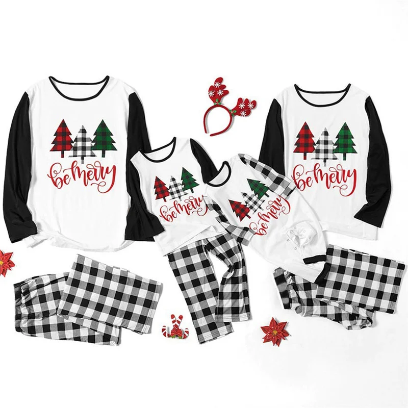 2021 Family Matching Christmas Pajamas Set Xmas Tree Father Daughter Son Kids Print Soft Nightwear Sleepwear Clothing Outfits