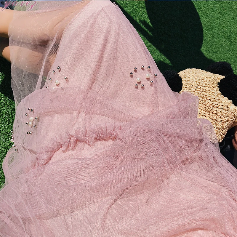 

2020 Pleated Stitching Beaded Midi Skirts Vintage Mesh Skirt Korean Style High Waist Schoolgirl Pink Tulle Skirt Women Clothes