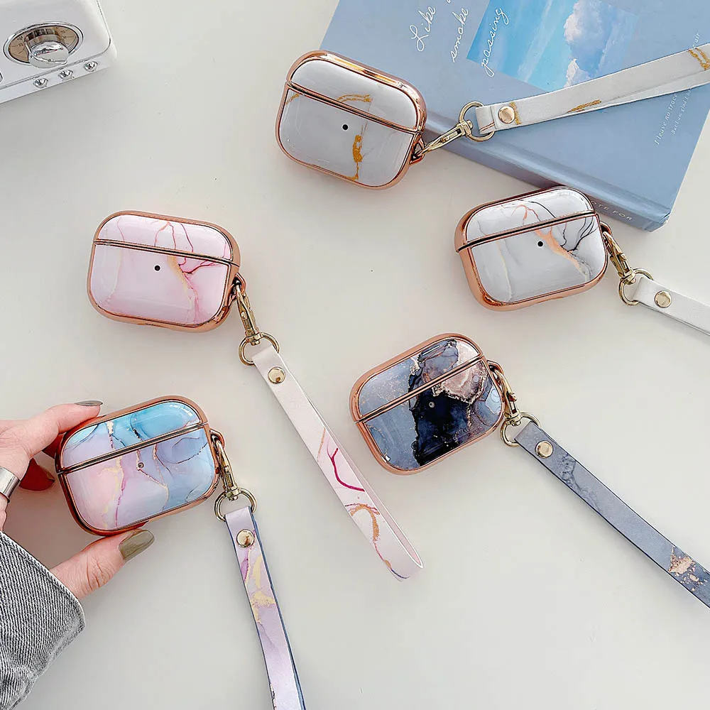 Luxury Electroplated Dreamy Marble Earphone Case for Apple AirPods Pro for AirPod 3 Case Shockproof Cover with Lanyard Bracelet