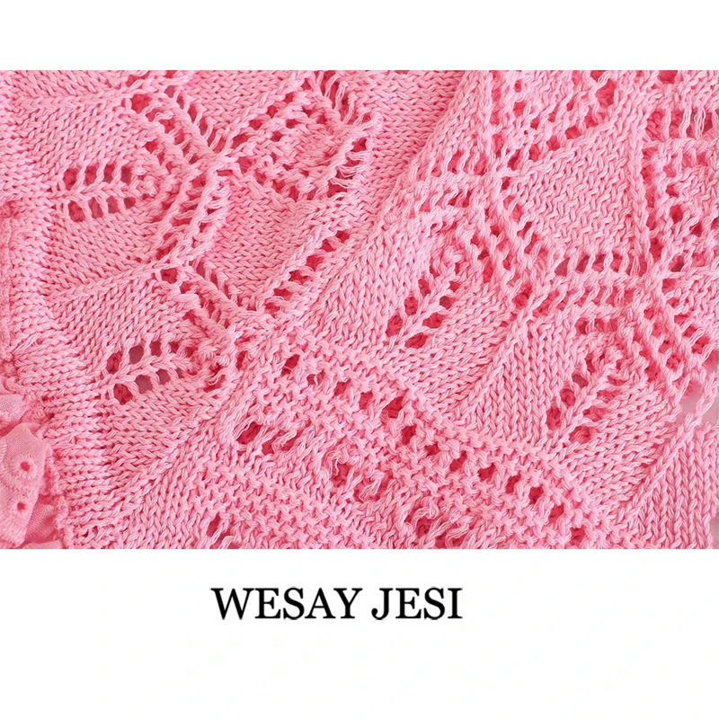 

WESAY JESI Za Sweater 2021 Fashion Sweetown Argyle Knitted Y2k Sweaters Chic Top Retro Short Sleeve Square Neck Ladies Pullover