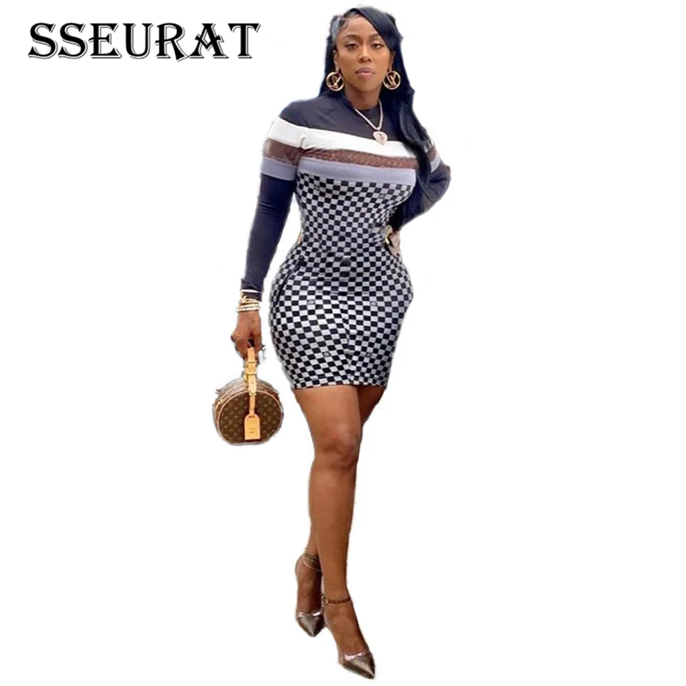 

SSEURAT Women Long Sleeve Print Patchwork O-neck Bodycon Midi Dress Sexy Club Party Pencil Ribbed Mini Dresses Vestidos