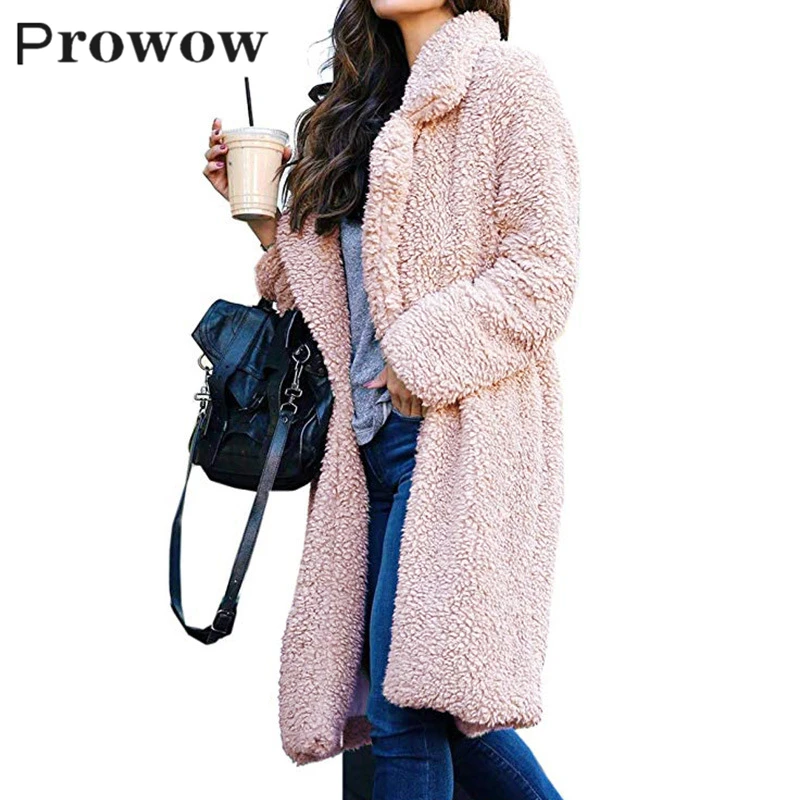 

Prowow Solid Long Plush Coats Women Warm Winter Casual Loose Faux Fur Jacket Female Long Sleeve Open Stitch Plus Size Outwear