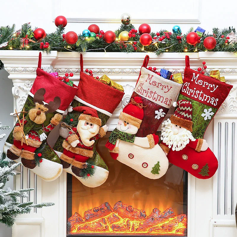 

Large Christmas Stockings Socks With Snowman Santa Elk Bear Xmas Candy Gift Bag Fireplace Xmas Tree Decoration New Year