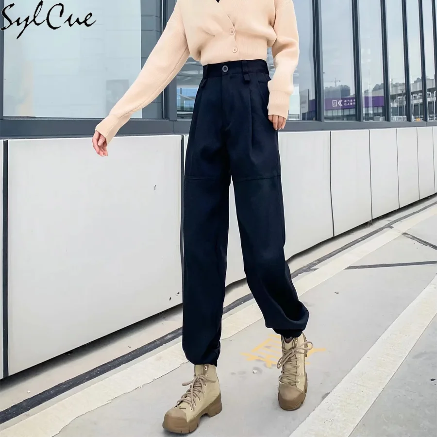 

Sylcue Black Wide-Leg Casual Women's High-Waist Straight Breathable Multi-Pocket Harem Pants Spring And Summer Suit Trousers