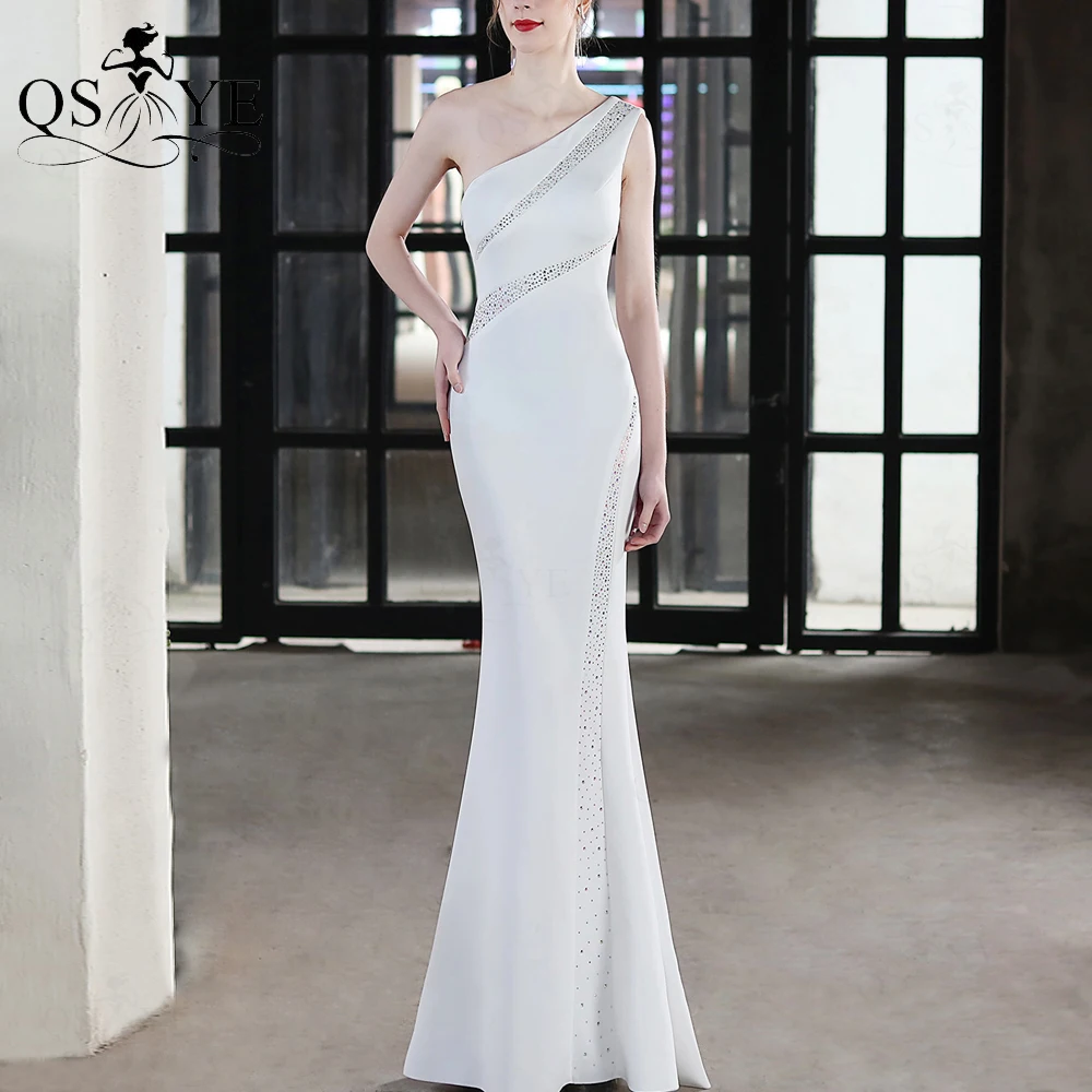 

One Shoulder White Evening Dresses Mermaid Long Prom Gown Fit Party Dress Beading Sequin Formal Gown Side Zipper Women Dress