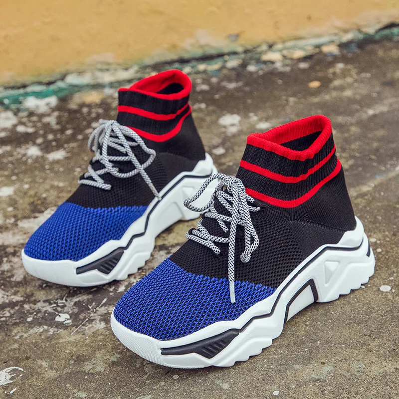 Высококачественные женские кроссовки; коллекция года; дышащая женская обувь для бега; высокие кроссовки; эластичные носки; ZQ-13 - Цвет: Черный