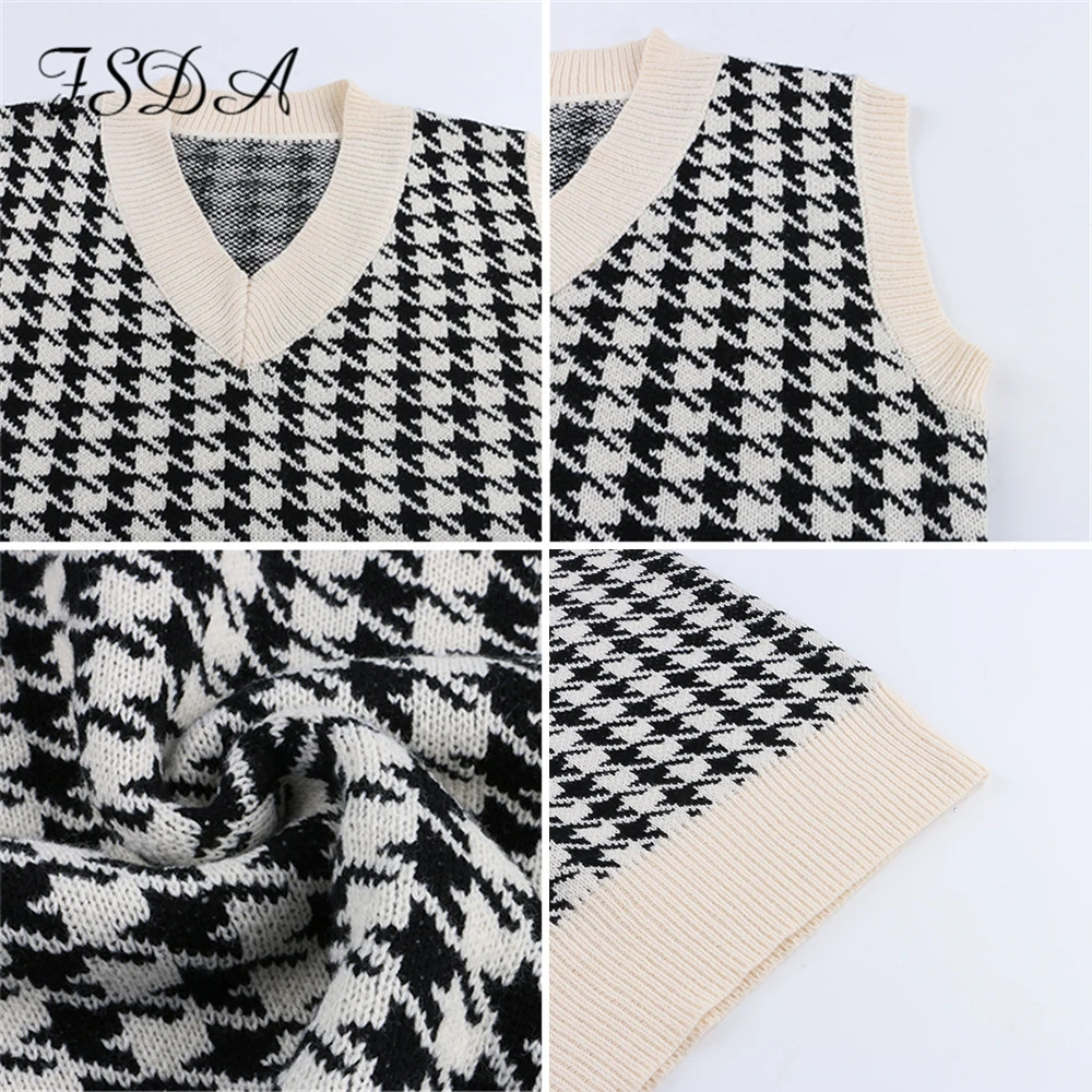

2021 Women Houndstooth Vest Sweater Casual V Neck Sleeveless Autumn Winter Jumper Knitted Korean Style Pullover Loose Tops