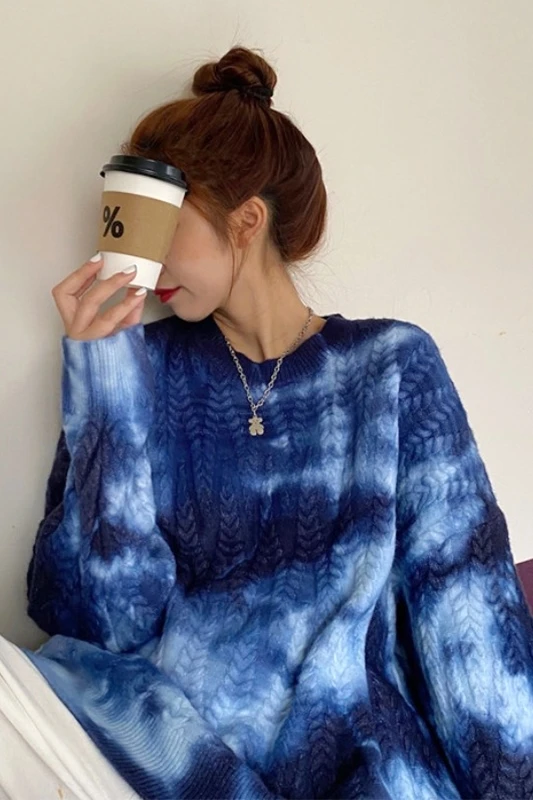 

Tie Dyed Sweater Women's Loose Wear Autumn And Winter Student 2020 New Lazy Day Style Retro Hong Kong Style Thickened Inside