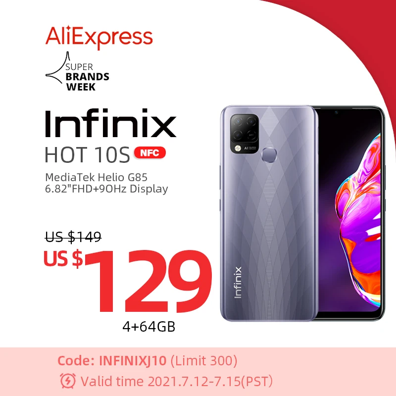 Новая глобальная версия Infinix Горячая 10S NFC 4 ГБ/64 Гб 128 Смартфон 6 82 ''HD + Дисплей 5000