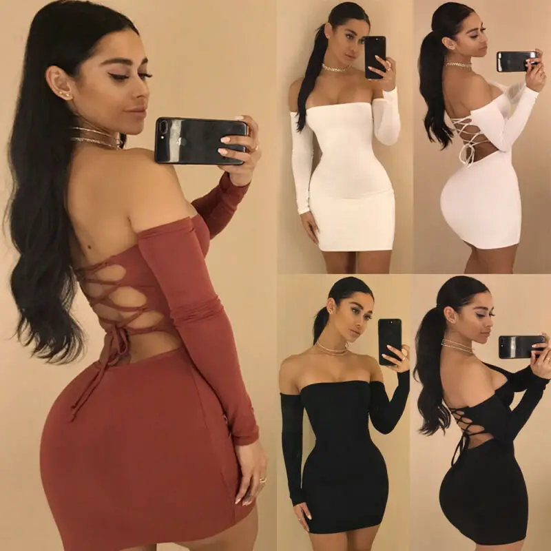 Женское облегающее платье с открытыми плечами и открытой спиной повседневное