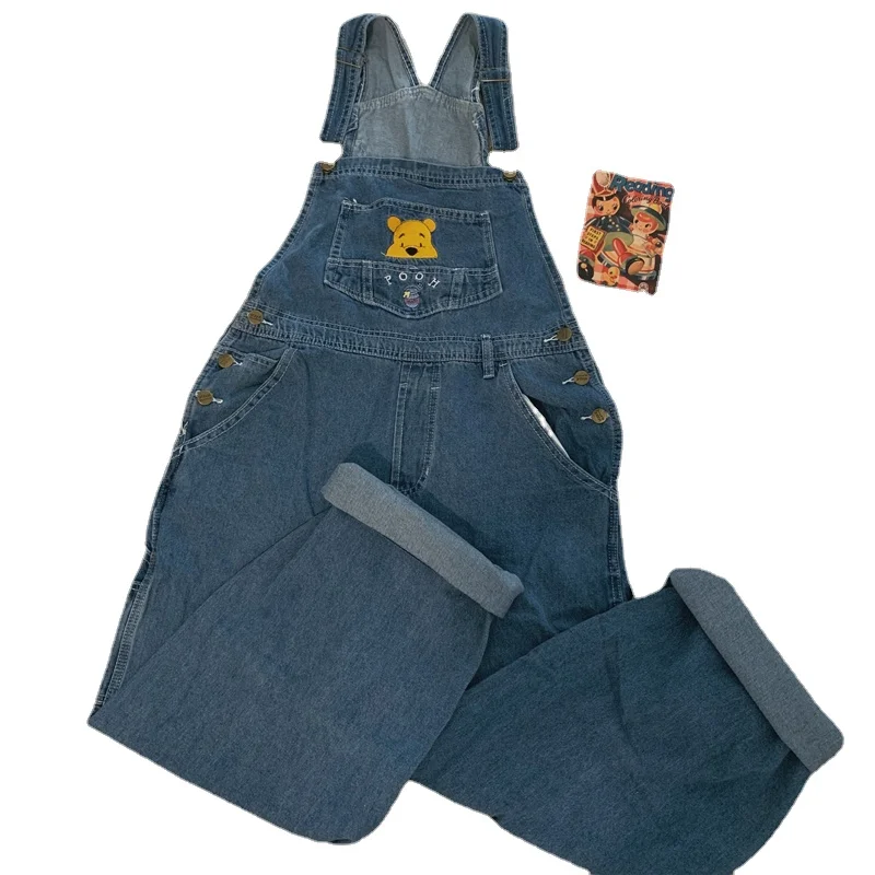 

New Girl Childlike Cute Overalls Cartoon Embroidered Bear Denim Jumpsuits Female Loose Retro Regular Mujer