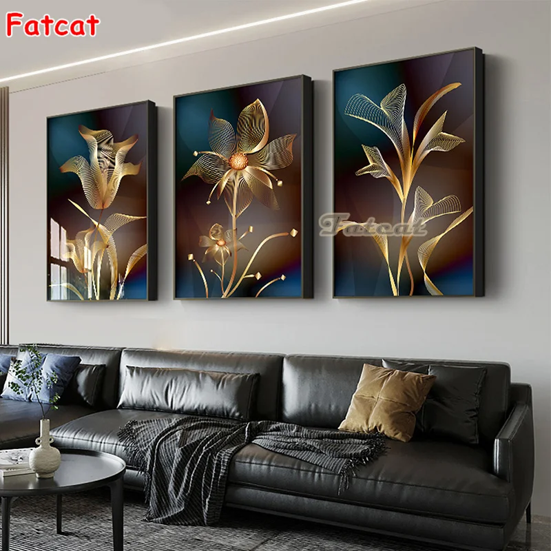 

Набор для алмазной вышивки «сделай сам», абстрактная картина с золотыми цветами 5d, полное квадратное/Круглое сверло, Триптих в современном ...