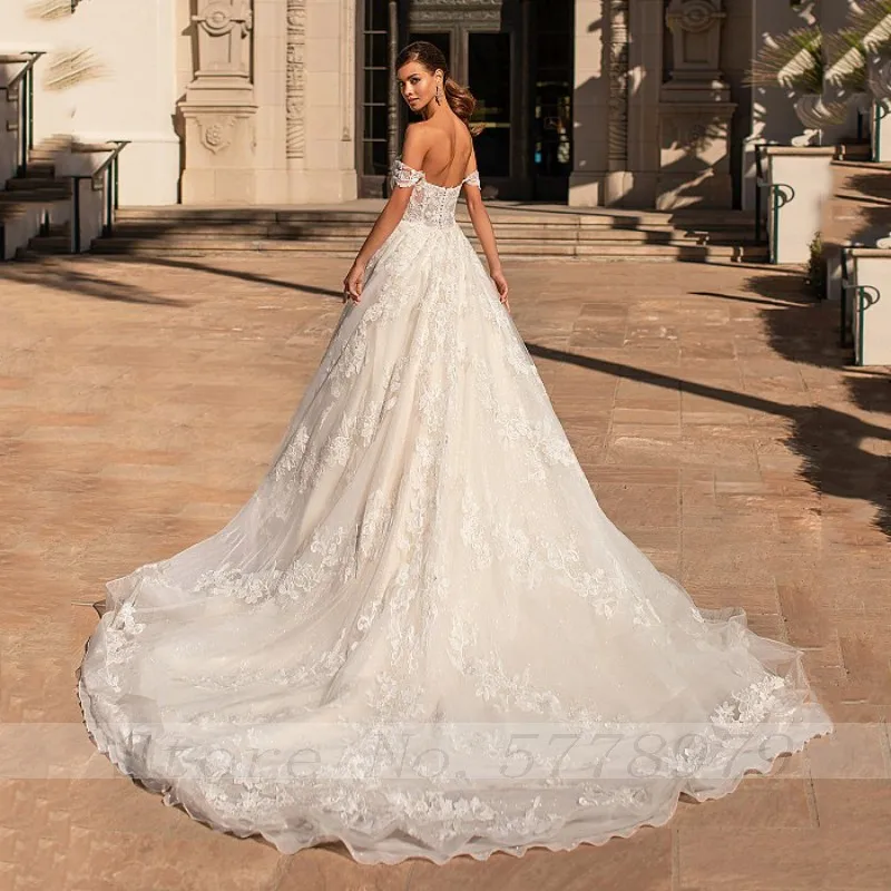 

Thinyfull Sexy Off The Shoulder Ivory A Line Wedding Dress Luxury Glitter Appliques Lace Backless Court Train Bride Dress