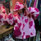 Женская плюшевая куртка в стиле Харадзюку 90-х годов с принтом в виде сердца, зимнее корейское Свободное пальто с длинным рукавом и капюшоном, Толстая теплая парная зимняя одежда
