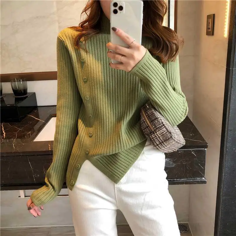 Women Long Sleeve Sweater 2021 New Autumn Winter Knitted Button Turtleneck Tops Elasticity Pullovers Ladies Sexy | Женская одежда