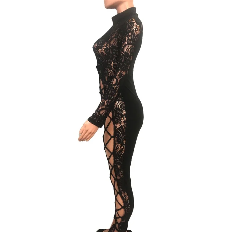 

Sexy Lace Transparent Female Bodysuit Fashion Side Lace Up Long Sleeve Solid Color Jumpsuit 2020 New Women's Clothes