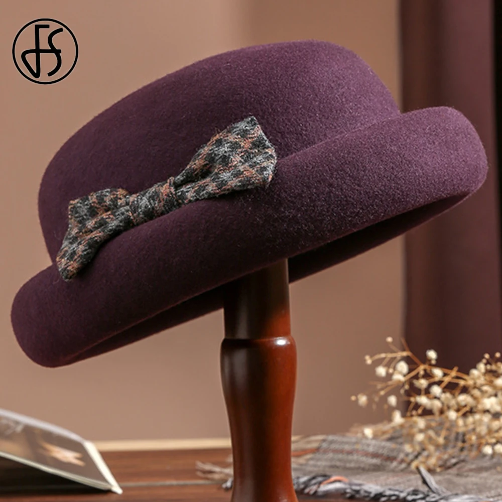 

FS England Korean Basin Beret Wool Felt Fedora Hats For Women Lady Autumn Winter Warm Church Hat Fedoras Bowler Cap With Bowknot