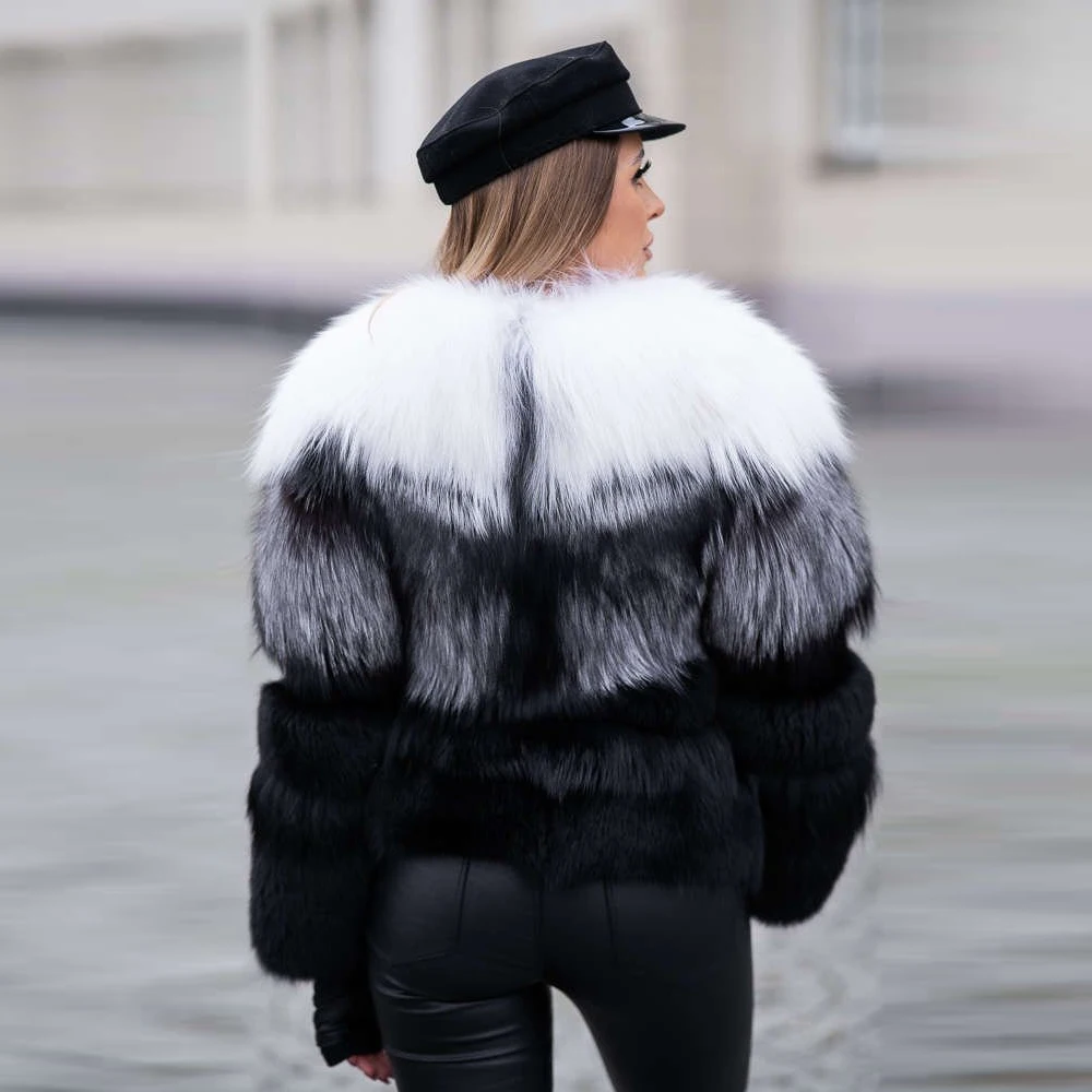 Trendy Women Real Fox Fur Jacket Round Collar Color Patchwork Natural Fox Fur Coat Thick Warm Winter Women Fur Overcoat Luxury