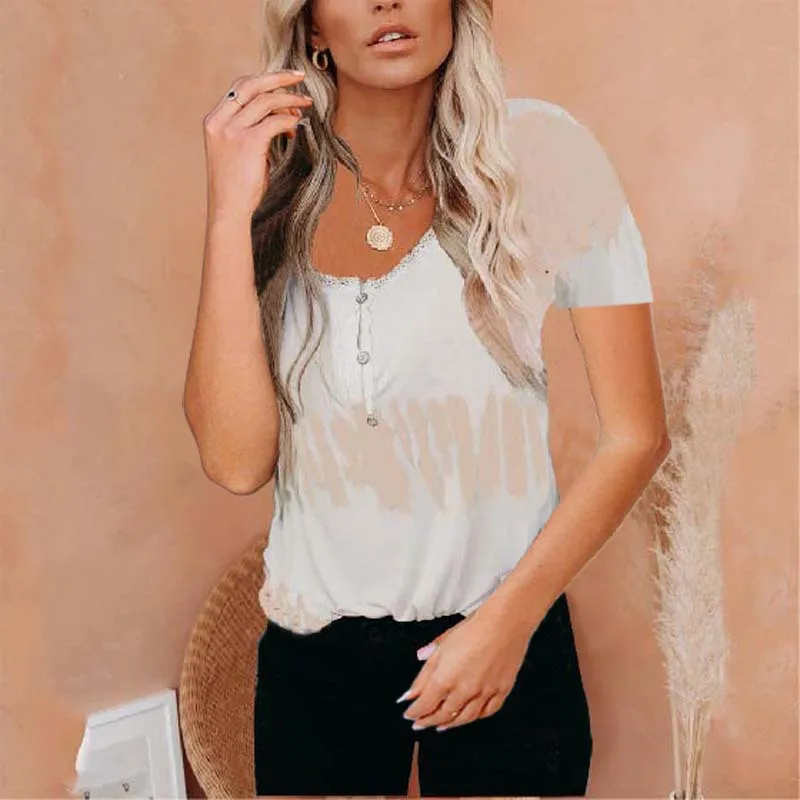 

T-Shirt Women Tops Short Sleeve Ladies V-Neck Button Top Casual Tee Shirts Streetwear Women Clothing 2021 Fashion