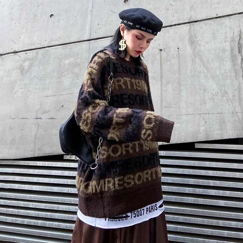 CHICEVER с буквенным принтом хит цвет вязаный свитер женский о-образный вырез