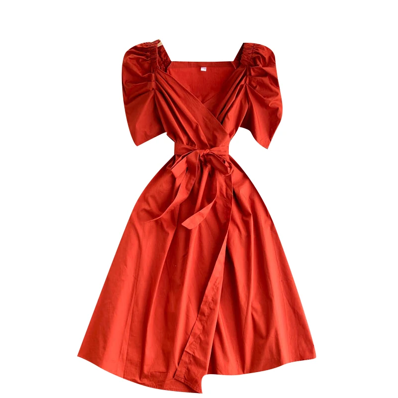 

Summer New Fashion Temperament Vestidos Female V-neck Age Reduction Bubble Sleeve Retro One-piece Wrap Midi Dress KK020