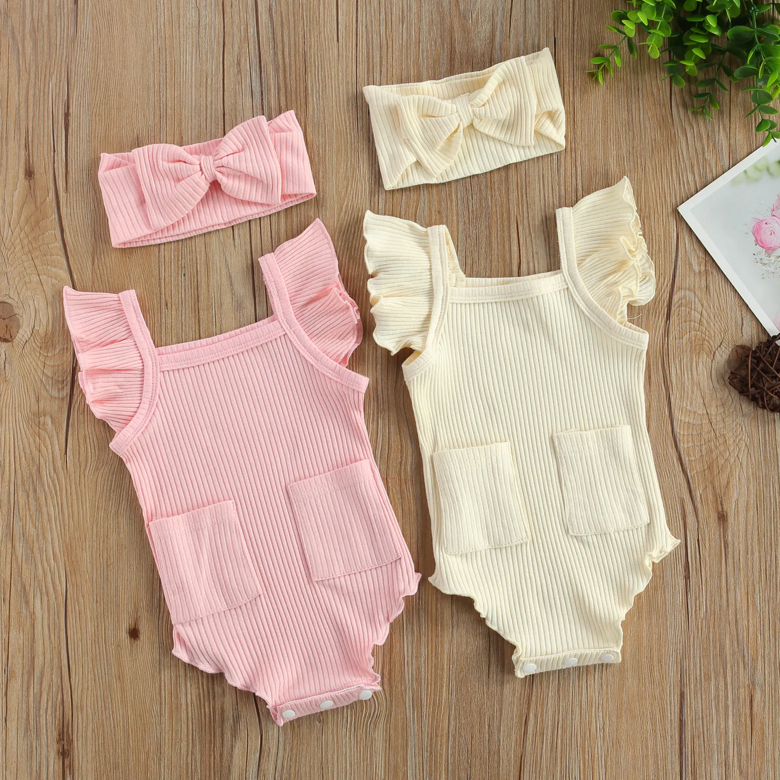 

Toddlers Girls Summer Breathable Solid Color Fly Sleeve Pocket Romper + Bow Headwear Set