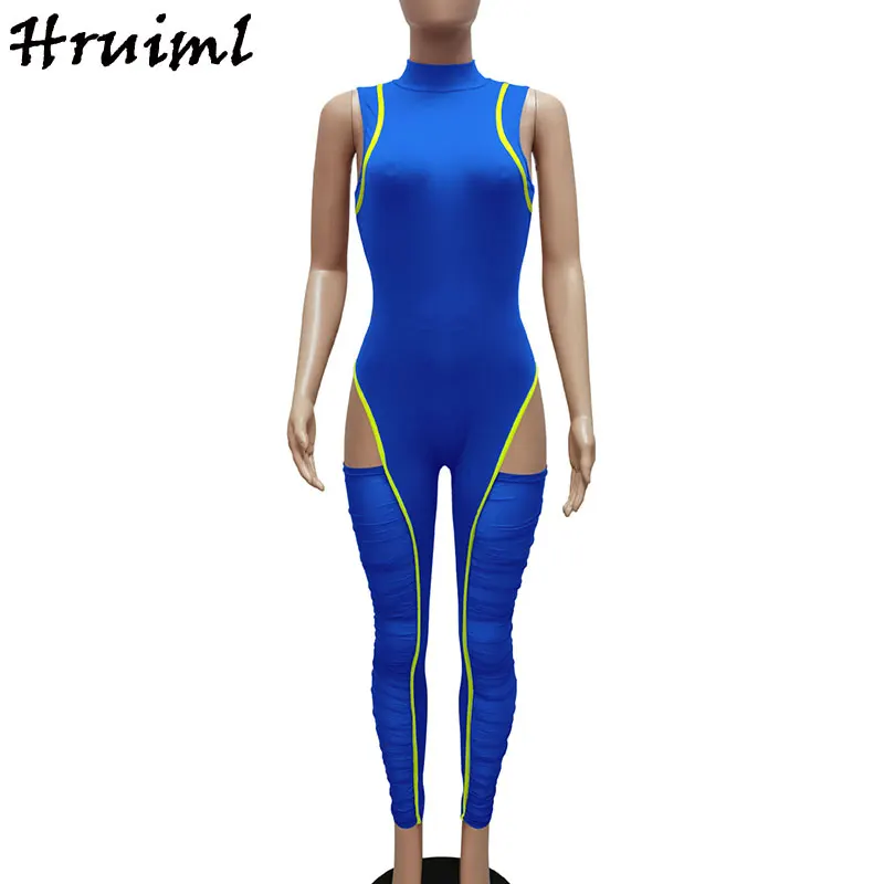 

Jumpsuit and Bodysuit Sleeveless Hollow Out Knit Color Matching Jumpsuit Female 2021 Evening Party Club Romper Mesh Patchwork