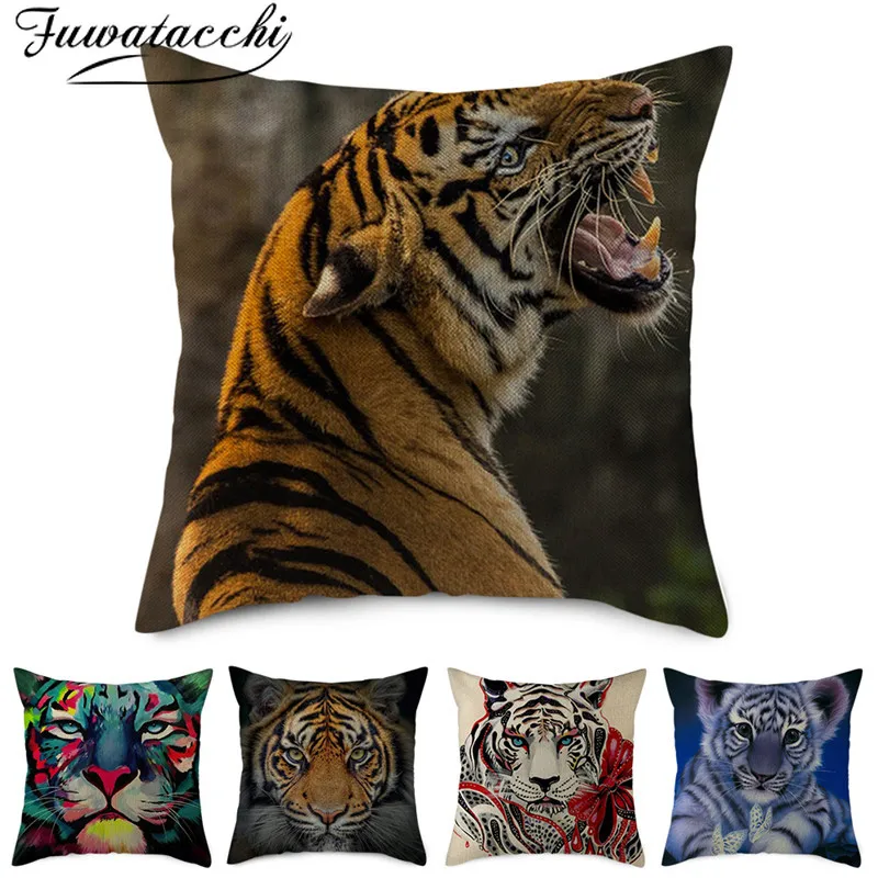 

Fuwatacchi Pure Linen Tiger Photo Cushion Cover Ferocious Animal Printed Pillow Cover for Home Chair Sofa Decorative Pillowcases