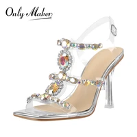 onlymaker summer lace up sandals square toe silver gold crystal bordered pvc band ankle buckle clear metal high heel shoes bling