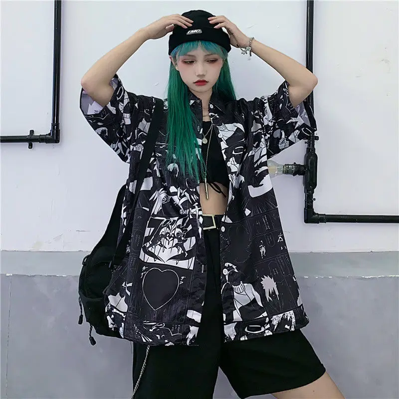 

Women Blouse Short Sleeve Pattern Print Loose Blouses Tops Female Shirt Hip hop Ladies Casual Button Blouse Streetwear