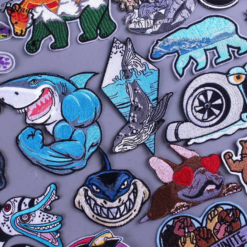 

Shark Whale Patch Punk DIY Bear Iron On Patches For Clothing Turbo Snail Stickers Punk Animal Style Embroidery Patch Dog Stripes