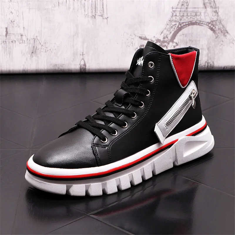 

White Leather Men Sneakers Punk Casual Shoes Hip Hop Male High Tops Zip Ankle Boots Flats Zapatillas Hombre
