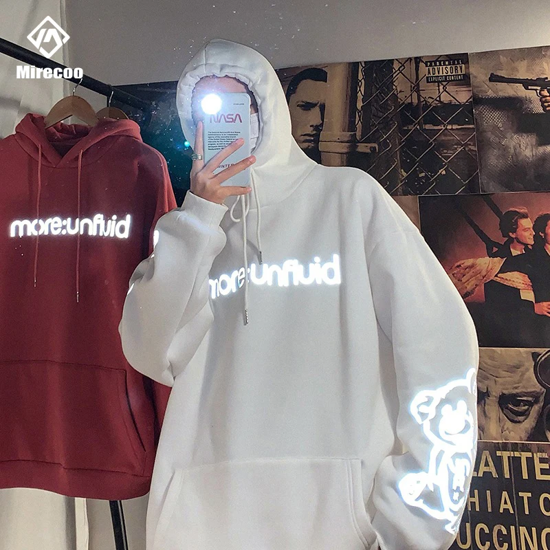 Светоотражающие толстовки с принтом медведя Мужская модная толстовка капюшоном