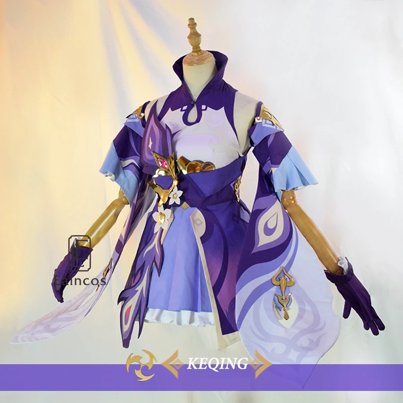 Костюм для косплея Keqing из игры Genshin Impact: парик, обувь, платье KEQING, аниме-форма для женщин, одежда на Хэллоуин.