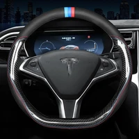 2012 2021 car carbon fiber cowhide steering wheel cover is applicable to tesla 3 s model y model x auto parts