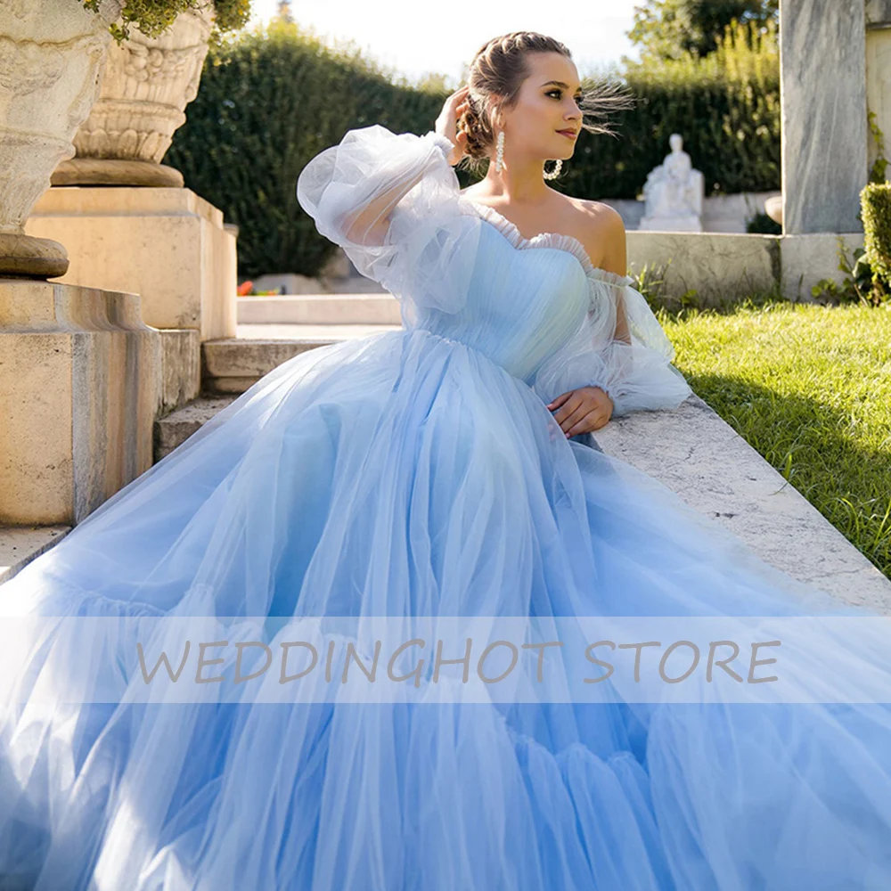 

Pink Tulle Evening Dresses Long 2021Princess Sweether Off The Shoulder Puff Sleeve Prom Gown Custom Plus Size Vestidos de fiesta