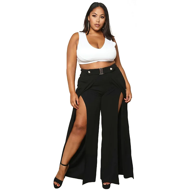 

New Plus Size Solid Color Wide Leg Pants Female 2021 Summer Fashion Casual High Waist Split Trousers